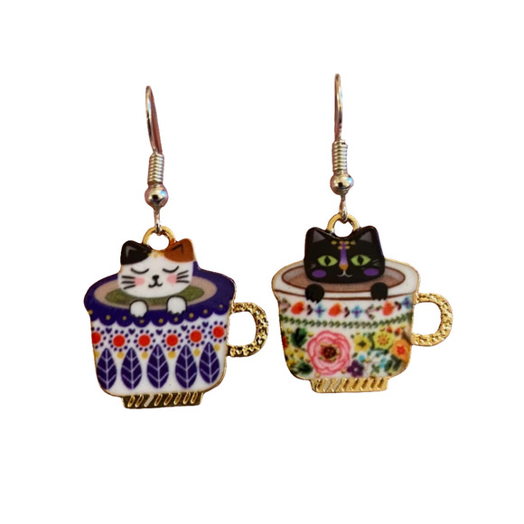 Folk Art Mismatched Teacup Calico Cat and Black Cat Earrings - Handmade Earrings - Picture 2 of 2